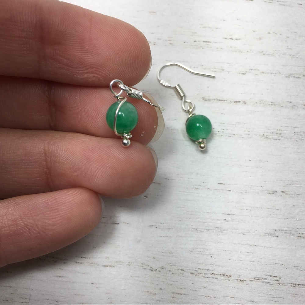 Genuine Green jade gemstone silver earrings
